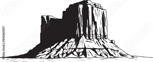 Black and White Rock Formation Illustration Desert Landscape Art