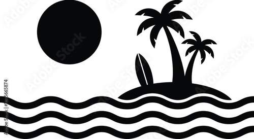 Summer Minimalist Silhouette Vector | Palm Tree Island and Surfboard Illustration