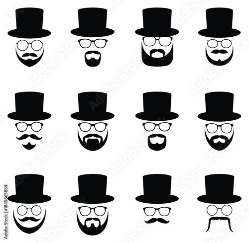 Vintage gentleman icons set with top hat, glasses, and diverse beard styles. set of hats