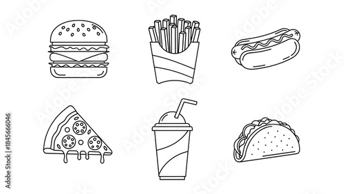 Fast food icons including burger, fries, hot dog, pizza, soda, and taco