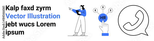 Woman pointing, HR selection process with finger click, communication, and text elements. Ideal for HR, job application, recruitment, teamwork, communication business strategy simple landing page