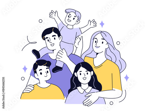 Family with parents and three children together. Parenthood, childhood, love and togetherness concept. Happy characters outline vector illustration.
