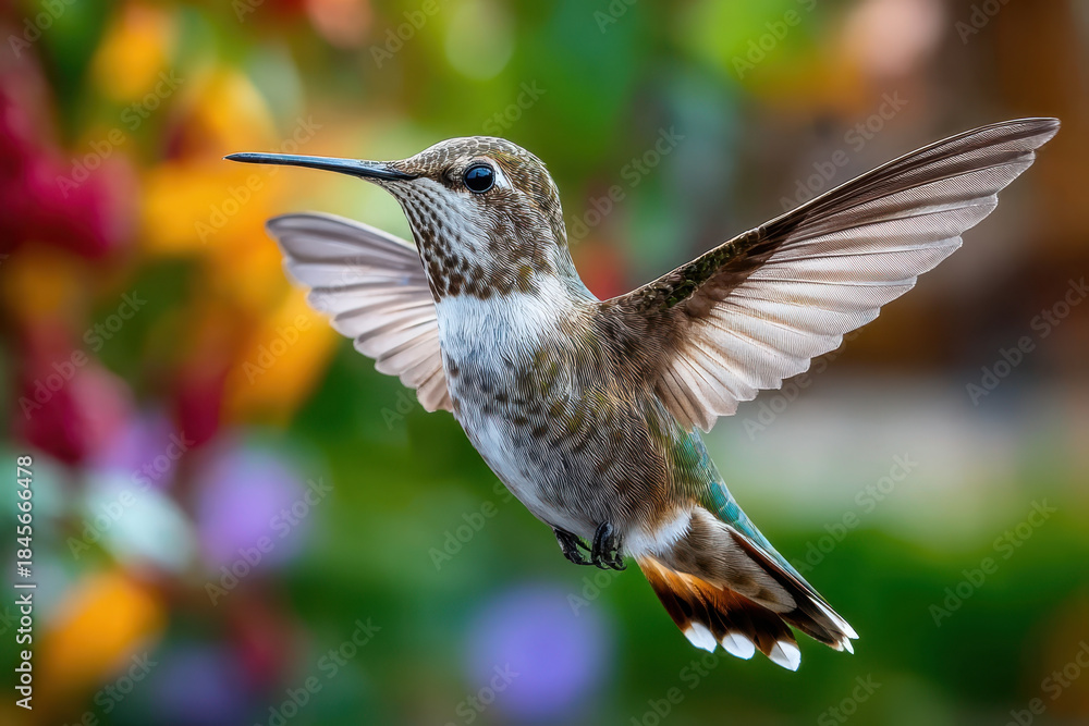 Naklejka premium Hummingbird in Flight Graceful Wings Nature Beauty Vivid Colors