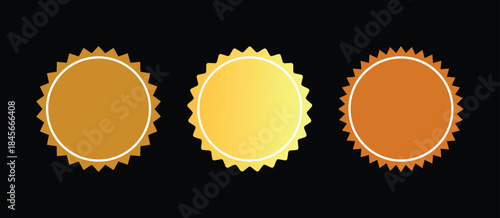 Three Isolated Bronze, Gold, and Copper Starburst Round Award Seals or Blank Prize Badges on Black
