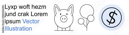 Personal finance, savings goals, budgeting, celebrations, financial education, money management. A piggy bank, balloons and a dollar sign icon. Personal finance and savings goals concept