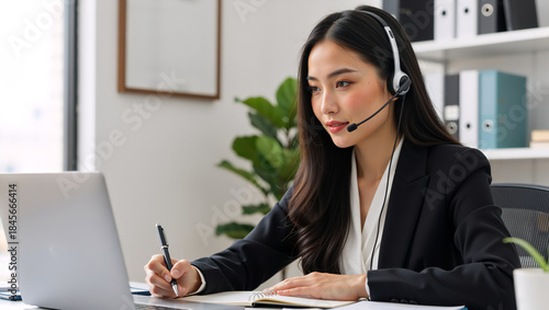 Asian call center agent with headset working in customer service. Professional woman consulting client online and taking notes at her desk