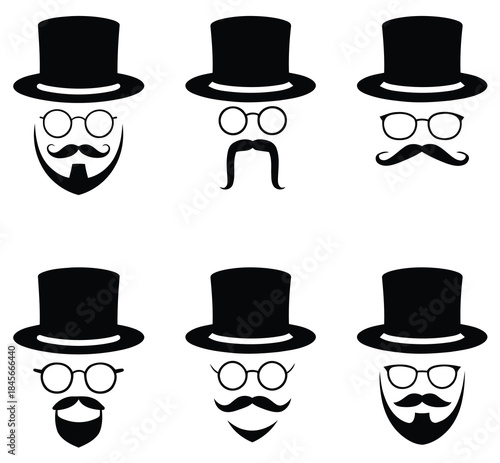 Set of gentleman icons top hat, glasses, mustache, and beard styles. vector set of hats