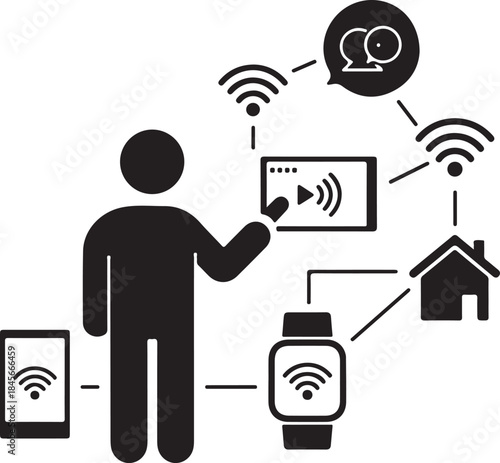 Person interacting with multiple smart devices and gadgets