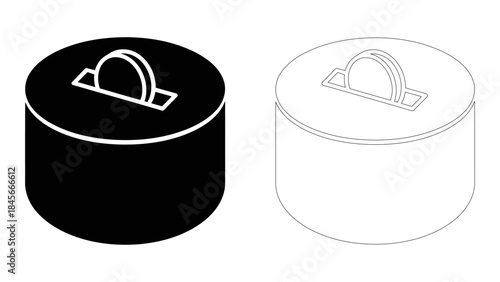A simple black and white icon showing a coin being inserted into a collection box