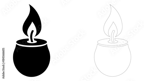 A simple and elegant black silhouette of a burning traditional oil lamp or candle illustration