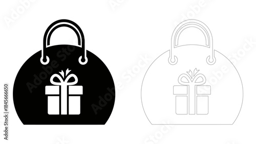 A stylish black shopping bag icon with a white gift box, perfect for retail and celebration themes