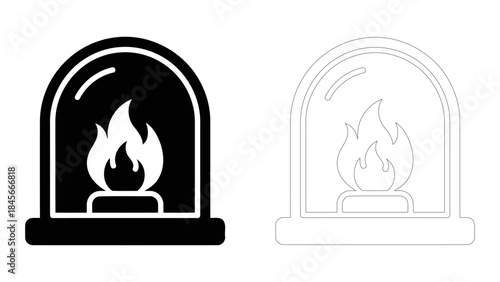 Classic black and white icon representing a cozy fireplace with a burning flame