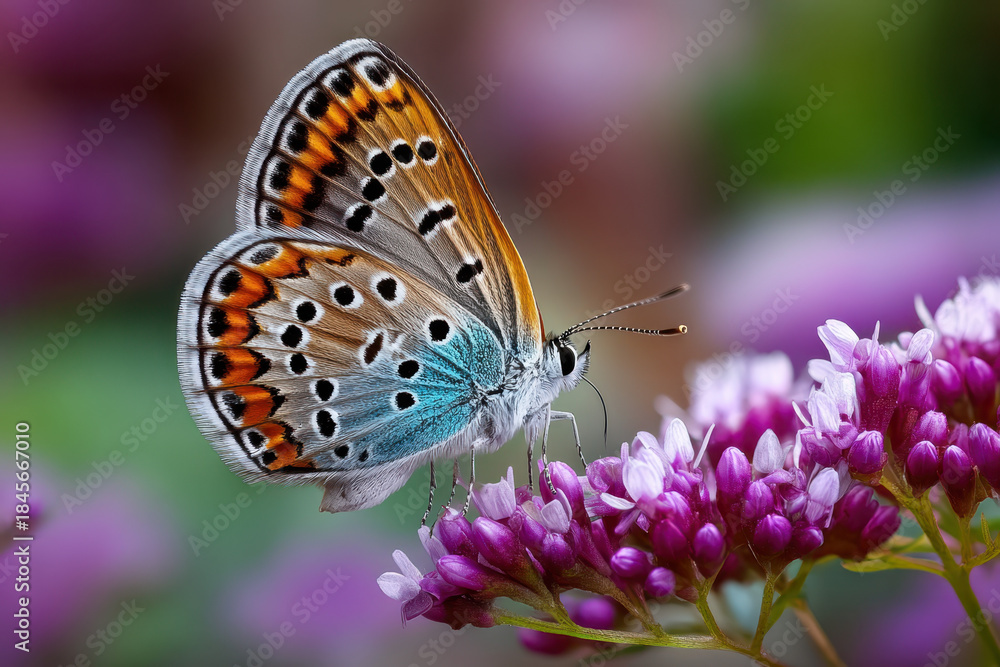 Fototapeta premium Butterfly on Purple Flowers Close Up
