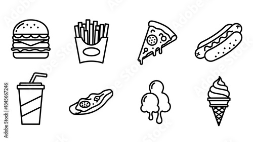Variety of popular fast food items in simple line art style