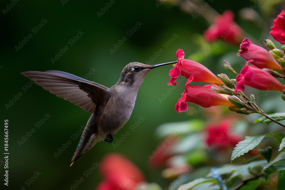 Fototapeta premium A mesmerizing photograph of a hummingbird delicately hovering near vibrant red flowers, symbolizing the beauty of nature and the intricate dance of pollination in ecosystems.