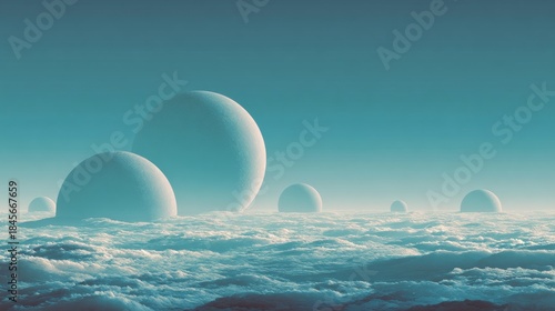 Large spheres above clouds in distant landscape at dawn