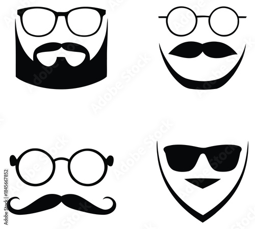 Hipster face icons beards, mustaches & glasses silhouettes. vector set of mustache