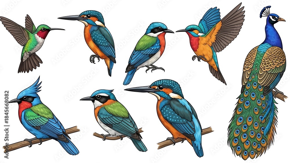 Naklejka premium Vibrant bird collection with peacock and kingfishers in flight