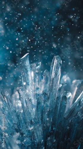 Ice crystals form a stunning pattern in a blue background with light shining through