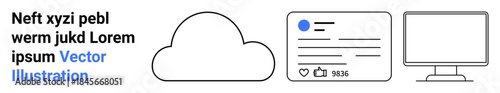 Cloud solutions, social media engagement, digital communication, data management, tech interface, online platforms. Cloud shape, interactive posts and screen illustration. Cloud solutions and social