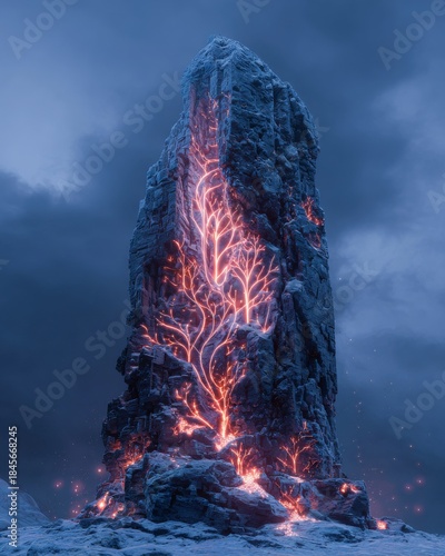Large rock formation with glowing tree design on surface under dark sky at night