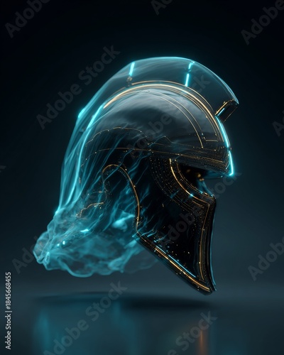 3D model of a futuristic helmet displayed in a dark space with glowing details