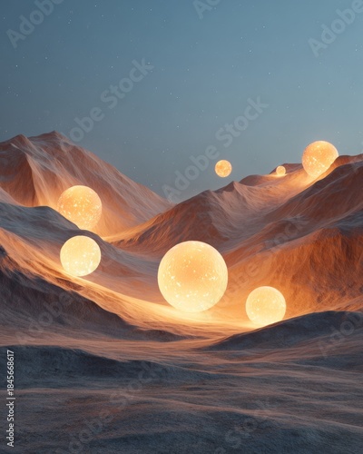 Mysterious glowing spheres appear in mountain landscape during twilight