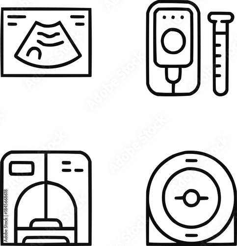 Medical Diagnostic Line Icons Set  X-ray, MRI, CT Scan, Ultrasound, and Test Tube Vector