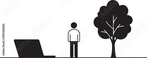 Silhouette of a person standing near a tree and laptop