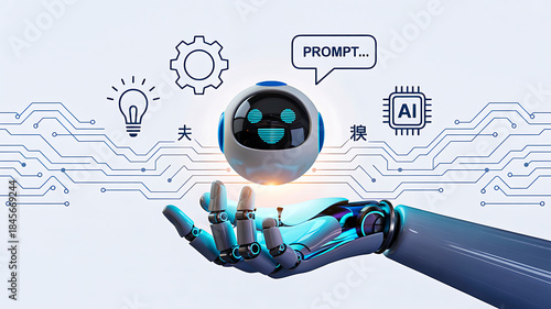 Robotic hand holding smiling spherical robot with “PROMPT…” speech bubble and tech icons on circuit-style background