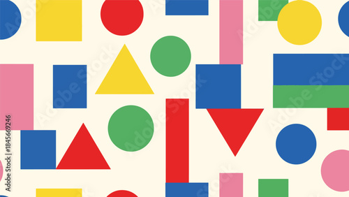 Modern geometric vector wallpaper featuring clean circles, triangles, and rectangles in a balanced flat composition with bold solid colors, minimal abstract background