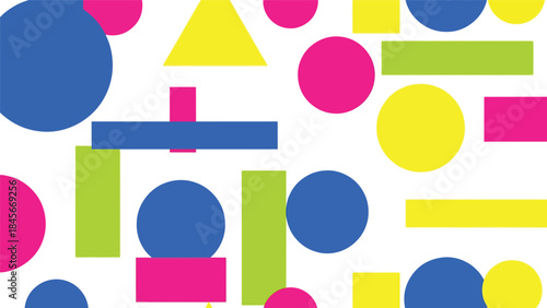 Modern geometric vector wallpaper featuring clean circles, triangles, and rectangles in a balanced flat composition with bold solid colors, minimal abstract background