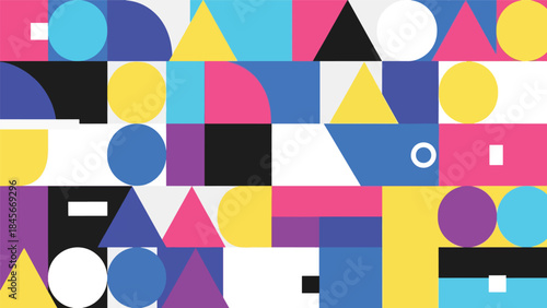 Modern geometric vector wallpaper featuring clean circles, triangles, and rectangles in a balanced flat composition with bold solid colors, minimal abstract background