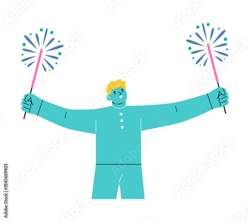 Man holding burning sparklers. Celebration of New Year. Colorful vector illustration