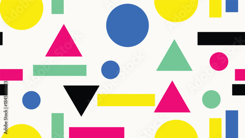 Modern geometric vector wallpaper featuring clean circles, triangles, and rectangles in a balanced flat composition with bold solid colors, minimal abstract background