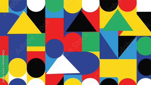 Modern geometric vector wallpaper featuring clean circles, triangles, and rectangles in a balanced flat composition with bold solid colors, minimal abstract background