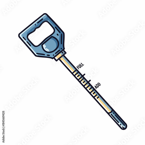 Car dipstick illustration for engine oil level check. Important car dipstick tool with full and add markings, vital for vehicle maintenance. Conceptual car dipstick for automotive service guide.