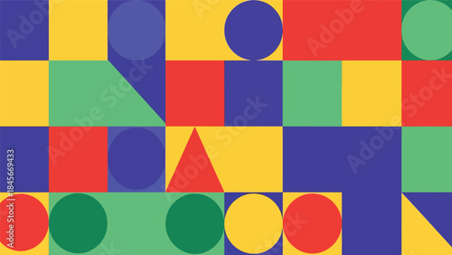 Modern geometric vector wallpaper featuring clean circles, triangles, and rectangles in a balanced flat composition with bold solid colors, minimal abstract background