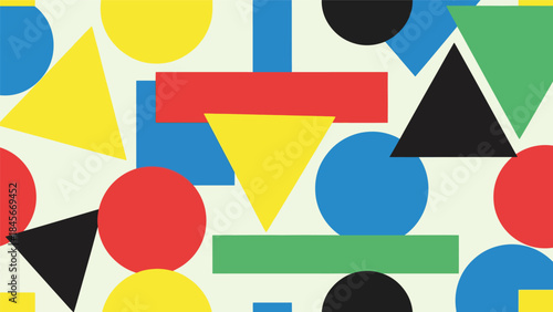 Modern geometric vector wallpaper featuring clean circles, triangles, and rectangles in a balanced flat composition with bold solid colors, minimal abstract background