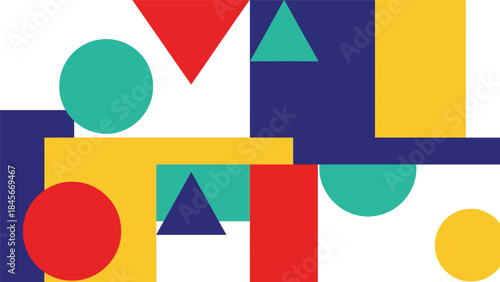 Modern geometric vector wallpaper featuring clean circles, triangles, and rectangles in a balanced flat composition with bold solid colors, minimal abstract background
