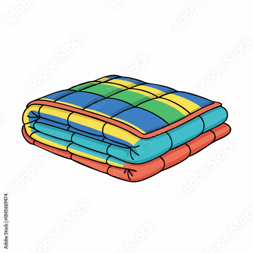 Colorful folded blanket with cheerful plaid pattern, featuring vibrant blue, green, and yellow squares. This cozy folded blanket offers warmth, home comfort, perfect for interior decor.