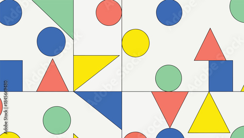 Modern geometric vector wallpaper featuring clean circles, triangles, and rectangles in a balanced flat composition with bold solid colors, minimal abstract background