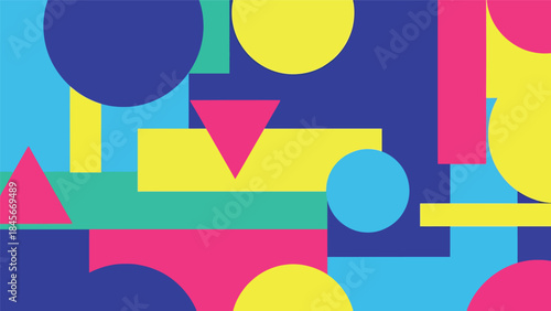 Modern geometric vector wallpaper featuring clean circles, triangles, and rectangles in a balanced flat composition with bold solid colors, minimal abstract background