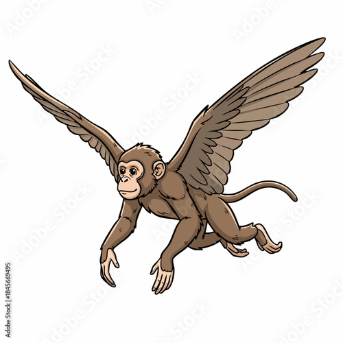 Cartoon flying monkey illustration with brown fur and feathered wings, mythical winged primate floats across white background, a fantasy flying monkey.