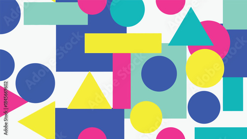 Modern geometric vector wallpaper featuring clean circles, triangles, and rectangles in a balanced flat composition with bold solid colors, minimal abstract background