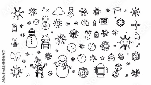 Hand drawn doodle animation set with winter holiday elements, icons and characters, alpha channel on transparent background.