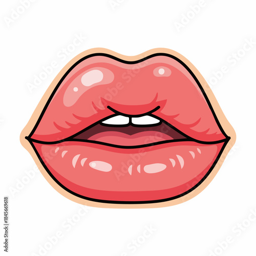 Cartoon illustration of vibrant pink lips, slightly parted to show white teeth. Graphic design displays glossy full pink lips, highlighting distinct lip texture and expressive shape.