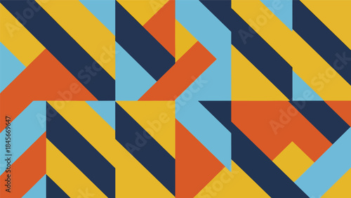 Dynamic geometric vector wallpaper with diagonal shapes and rhythmic repetition, modern flat design style, bold solid colors, clean abstract background
