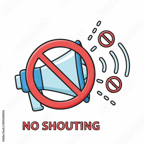 Cartoon illustration showing no shouting symbol, megaphone with red prohibition sign, radiating sound. No shouting graphic conveys quiet environment rule for public spaces.