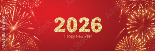 Fireworks frame with gold 2026 digits on red background, festive New Year typography surrounded by glowing sparkles for Chinese New Year and Lunar New Year banners, posters and web headers.